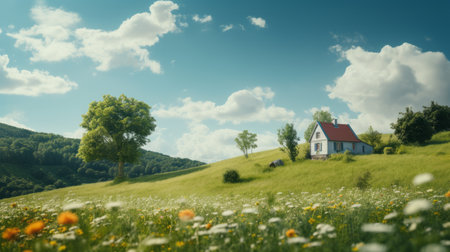a house perched atop a hill, surrounded by vibrant daisy fields under a clear blue sky. this breathtaking image showcases the beauty of nature with soft atmospheric scenes, gentle edges, and atmospheric effects. the uhd quality captures every detail, creating a nature-inspired and storybook-like ambiance. ai generatedの素材