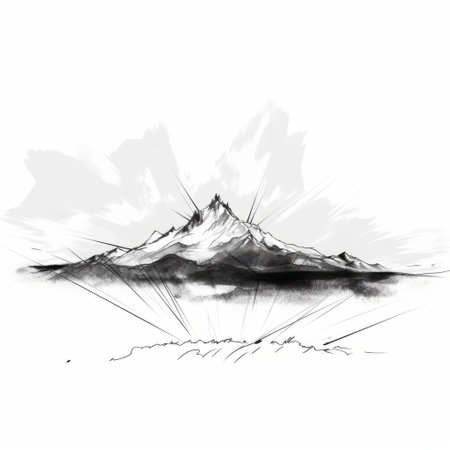 an old mountain sketch on drawing paper, showcasing aggressive digital illustration style. the artwork features light white and dark silver tones, with sunrays illuminating the scene. the piece exhibits multilayered realism and incorporates elegant inking techniques. influenced by maori art, this minimalist illustration captures the essence of the mountains. ai generatedの素材