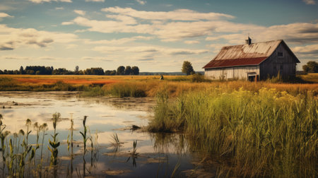 an old barn stands in a field adorned with tall grass and reeds, creating a serene atmosphere reminiscent of calm waters. this uhd image, captured by tyko sallinen, showcases a beautiful blend of light crimson and yellow hues. this associated press photo captures the essence of villagecore and offers a romantic riverscape view. ai generatedの素材