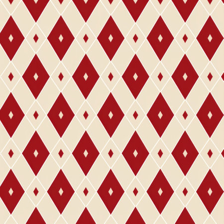 an argyle pattern featuring red and white diamonds is showcased in this minimalist background. the design draws inspiration from vienna secession with its maroon and beige color palette. the flat shapes and densely patterned imagery create a visually captivating effect. the rectangular fields and nature-based patterns further enhance the overall aesthetic appeal. ai generatedの素材