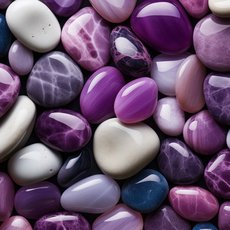 purple and white stones stacked in a visually captivating arrangement, showcasing digitally enhanced soft and rounded forms. the naturalistic hues of the stones create a mesmerizing tumblewave effect, while the bold colors add a touch of vibrancy. this composition, reminiscent of peter lippmann's style, imitates the texture and appearance of real stones. ai generatedの素材
