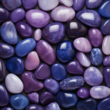 trident pebbles in various colors, including light purple and indigo, create a captivating blend of realism and fantasy. the photo showcases vibrant color gradients, with hints of marble and indigo. soft-focus and monochromatic shadows add depth to the composition. ai generatedの素材