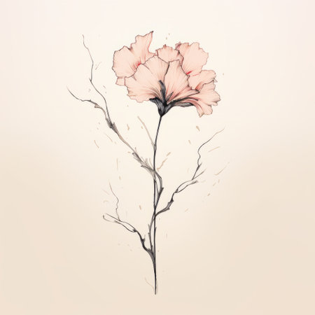 a white flower drawing on a branch, composed of intricate branches, showcases a romantic illustration style. the artwork features a combination of light pink and dark amber hues, embodying conceptual minimalism. created using ink wash technique, the design evokes elements of tattoo art and persian miniature. the color palette predominantly consists of pink and beige tones. ai generatedの素材