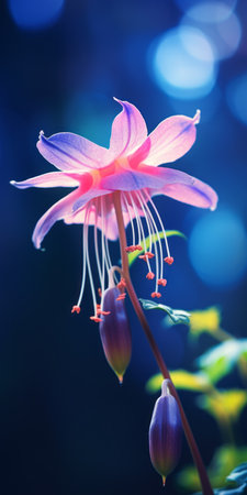 a single flower with purple petals, captured in a romantic soft focus and ethereal light. the dark pink and dark blue hues add depth to the image. the photo was taken using the carl zeiss distagon t 15mm f/2.8 ze lens, resulting in a highly detailed and realistic depiction of light. the composition showcases exotic flora and fauna, with fanciful elements adding to its allure.の素材