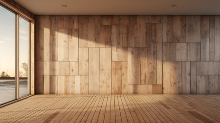 an empty room featuring naturalistic light and shadow, with wood wall panels and a window. this uhd image by serge marshennikov showcases varying wood grains in light orange and light brown tones. the matte photo highlights the ceramic elements in the room. ai generatedの素材