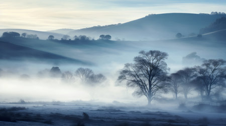 foggy landscape with trees and hills immersed in a light indigo and white color palette. this photo captures the essence of traditional british landscapes, showcasing a beautiful contrast between light and shadow. the organic flowing forms of the trees and hills create a captivating depth of layers. shot with a zeiss batis 18mm f2.8 lens by matt molloy. ai generatedの素材