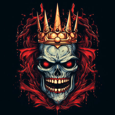 the king of kings skull tattoo with crown is a captivating vector illustration. it showcases a vibrant neo-expressionism style with a combination of light indigo and red colors. the design features intricate necronomicon illustrations and is presented in ultra hd quality. the charming character illustrations are beautifully merged with a melting effect against a striking black background. ai generatedの素材
