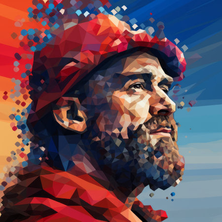a bearded man in red, portrayed in a colorful cubism style, reminiscent of pixel-art. the portrait showcases realistic marine paintings and incorporates revolutionary composition techniques. the artist, noah bradley, skillfully combines elements with a smokey background, created using bryce 3d software. ai generatedの素材