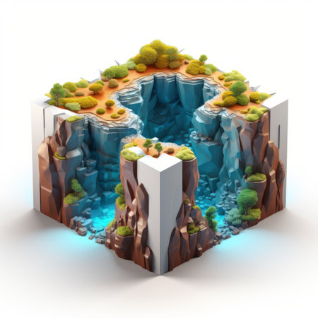 a vibrant 3d rendered photo showcases a cave structure adorned with rocks and trees. the illustration style combines elements of water and land fusion, creating a captivating isometric view. the color palette features a striking combination of white and bronze, adding depth and dimension to the image. this visually appealing photo resembles a three-dimensional puzzle, with a unique flat perspective. ai generatedの素材