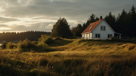 a house stands amidst a vast expanse of green grass, capturing the essence of atmospheric seascapes. this backlit photograph, taken with a canon eos 5d mark iv, showcases the beauty of danish design and the tranquility of rural america. the image evokes a sense of deep distance and the enchanting ambiance of atmospheric woodland imagery. ai generatedの素材