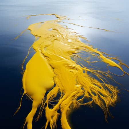 aerial view of a surrealistic installation art piece in nature and landscape. this conceptual art photography captures mind-bending patterns and a sea surface with thick brush strokes in pale yellow and gold. the combination of pop art and minimalism creates a unique and captivating visual experience. national geographic photography influences the realistic style of this mesmerizing composition. ai generatedの素材