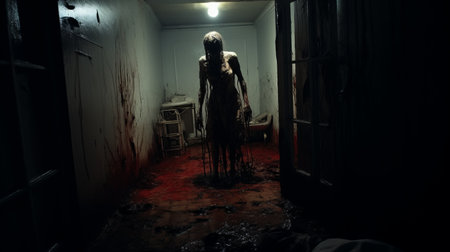 a creepy game featuring soggy, realistic depictions of human forms rendered in unreal engine. the walls are adorned with white and bronze, zombiecore-inspired, full-body wire sculptures. ai generatedの素材