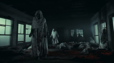 three female characters, in the haunting style of vray, are seen walking around a zombie area. the imagery is dark and white, with a calculated and eerie atmosphere. the scene, created by ahmed morsi, features dusty piles and a cabincore aesthetic. ai generatedの素材