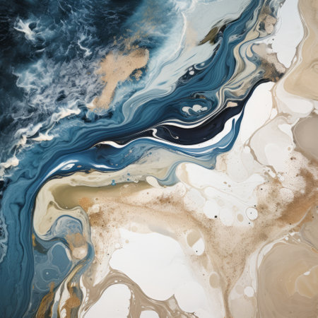 aerial view of a surrealistic installation art piece in nature and landscape. this conceptual art photography captures mind-bending patterns and a sea surface with thick brush strokes. the minimalistic composition is enhanced by pale silver and gold strokes, creating a pop art-inspired atmosphere. this national geographic photography showcases the fusion of surrealism and realism in a captivating way. ai generatedの素材