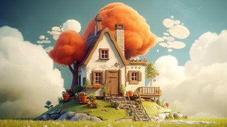 an abstract house on the ground adorned with vibrant orange flowers. this detailed character illustration showcases atmospheric clouds, creating a fairytale-inspired scene. the 8k 3d quality brings out the beauty of this cute and cartoonish design, reminiscent of an applecore. ai generatedの素材