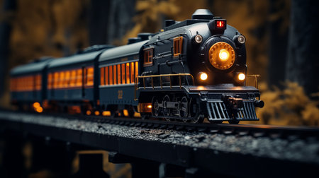 toy train traveling down tracks in the forest, showcasing contrasting lights and darks. the grandeur of scale is captured in this dynamic and action-packed scene, with a mix of light orange and dark indigo hues. the photo-realistic techniques bring the black background to life, reminiscent of the bustling scenes of new york city. ai generatedの素材