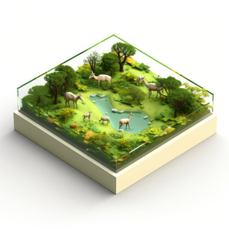 a photo of a fig tree surrounded by wild animals in a miniature habitat. the scene is depicted in a tessellation style, resembling voxel art. the landscape is realistic, featuring soft, tonal colors and hyper-realistic water. the composition includes rectangular fields, giving it a cabincore aesthetic. this photo is a celebration of rural life, combining elements of technological design. ai generatedの素材