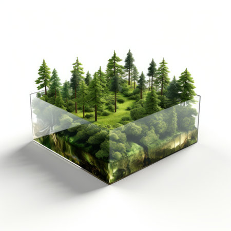 a glass container displaying an artificial green fae forest in a square shape. this interactive exhibit showcases topographical realism and the sensitivity to the natural world through its terragen-inspired design. with elements of industrial and product design, this high-quality photo captures the intricate details of this unique display. ai generatedの素材