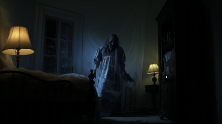 the girl, dressed in a dark attire, stands alone in a misty setting, reminiscent of horror-inspired domestic scenes. this haunting image, captured by george morland, showcases volumetric lighting, adding an eerie atmosphere. a high-quality uhd image, it is an associated press photo that evokes a sense of mystery and intrigue. ai generatedの素材