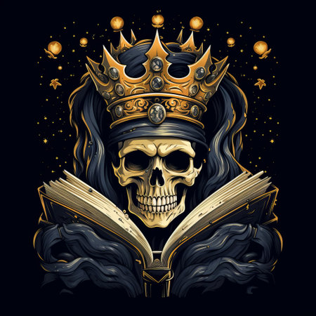 the photo showcases a detailed fantasy art design with a skull, skull with a crown and book. the artwork is characterized by a combination of light gold and dark black colors, creating a multilayered realism effect. the design embodies elements of princecore, chiaroscuro portraitures, and features fantasy characters in nightmarish illustrations. ai generatedの素材