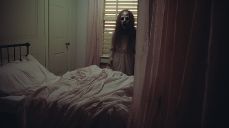 a white towel with a ghostly figure hidden within, placed on a bed, captures the essence of southern gothic. this haunting image, shot in 8k resolution with a zeiss batis 18mm f2.8 lens, embodies the unique aesthetic of zombiecore. the dark white and pink tones add to the tenebrous atmosphere, creating an eerie and captivating composition. ai generatedの素材
