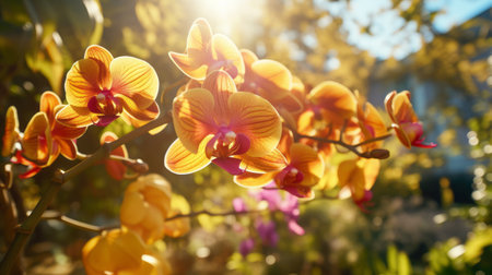 the orchid blossoms are beautifully illuminated by the sun, creating a stunning display of light amber and orange hues. the vibrant colors, ranging from light yellow to light violet, are captured with the tokina at-x 11-16mm f/2.8 pro dx ii lens. the shallow depth of field adds a touch of artistry to this nature-inspired photograph. ai generatedの素材