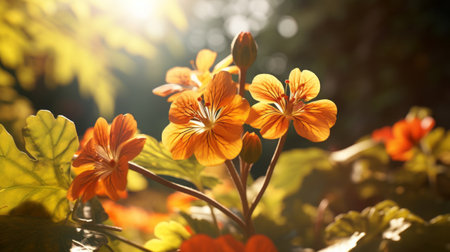 the summer spring geraniums flowers in this hd wallpaper (bild 100080904) are showcased in a captivating style of dark orange and light gold. the image has been digitally enhanced, resulting in a mesmerizing combination of dark gold and light amber tones. the soft and romantic scenes depicted in this wallpaper are complemented by the exotic flora and fauna, while the sunrays shining upon the flowersの素材