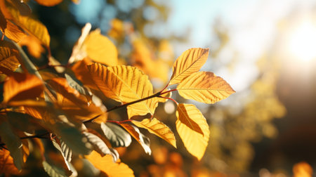 a photograph capturing the autumn leaves in london, with a background featuring a blend of light amber and turquoise colors. the image has a shallow depth of field, creating a soft focus effect. it is a high-resolution uhd image, showcasing a warm color palette dominated by dark yellow and sky-blue hues. the photograph is accurate and detailed, highlighting the intricate patterns found in nature. aiの素材