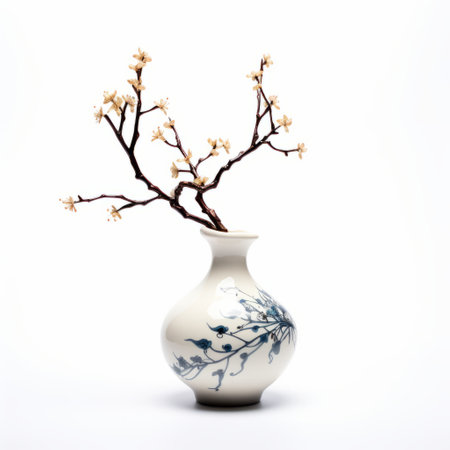 a white vase with branch branches, inspired by traditional japanese art, captured by photographer john wilhelm. the image showcases post-processing techniques, with a white background enhancing the traditional chinese elements. the color palette includes light blue and dark amber tones. this photo is available under the creative commons attribution license. ai generatedの素材
