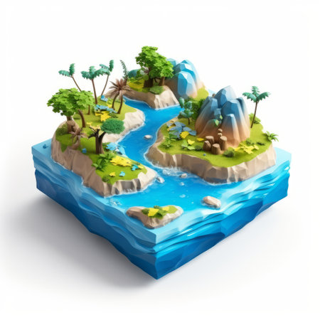 a small island, resembling 2d game art, is depicted on a white surface in this innovative page design by ryan hewett. the hyper-realistic water and lively illustrations bring the island to life, while the sculpted and vibrant cartography adds depth and detail to the scene. ai generatedの素材