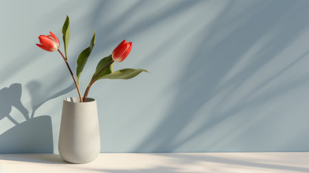 two white flower vases sit on a table next to a blue wall in this 3d image. the style of the image is characterized by light gray and red tones, with a tropical symbolism. the minimalist background features terracotta, light green, and crimson hues. this uhd image showcases the beauty of polished concrete. ai generatedの素材