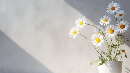 a white vase with daisies, showcasing naturalistic light and shadow. the minimalist background and soft focus create a dreamy atmosphere. sunrays gently shine upon the vase, adding a touch of warmth. the polished concrete enhances the overall simplicity, while the cartoonish elements add a unique charm. ai generatedの素材