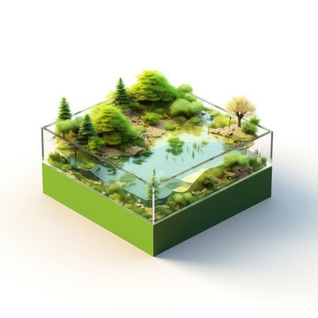 a 3d render of a green box with vegetation and trees, showcasing a fusion of water and land in a japanese-style landscape. this isometric illustration features transparent layers, highlighting the architectural illustrator's sensitivity to the natural world. the interactive exhibits add an engaging element to the overall experience. ai generatedの素材