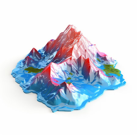 a digital 3d mountain map for animation, featuring a drip painting style with light red and light blue hues. the map includes miniature sculptures in light azure and magenta, as well as three-dimensional puzzles. set against a white background, the nature-inspired imagery brings a captivating visual experience. ai generatedの素材