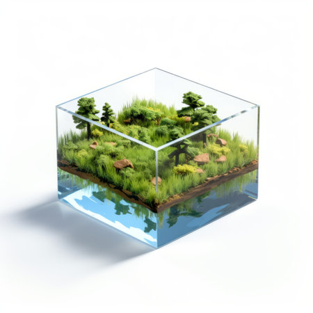an aerial view of a glass cube aquarium, showcasing a unique blend of bucolic landscapes and industrial design. this visually stunning piece features physically based rendering, creating an isolated and zen-inspired underwater landscape. with elements of seapunk and product design, this aquarium offers a captivating and serene experience. ai generatedの素材