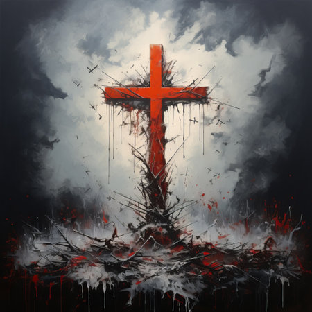 a cross stands prominently in a field, adorned with splatters of dark silver and red paint. this expressive artwork, reminiscent of the styles of sam spratt, mike deodato, and dariusz zawadzki, showcases bold brush strokes and dripping paint. a captivating blend of christian art and architecture, this image captures the essence of religious symbolism in a visually striking manner. ai generatedの素材