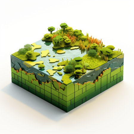 a 3d graphics landscape showcasing lands, forests, and wetlands in the style of flat color blocks. the scene features sustainable architecture and nature-inspired camouflage. the hyper-realistic water adds depth to the lively tableaus, while the blocky and detailed depiction enhances the overall visual appeal. ai generatedの素材