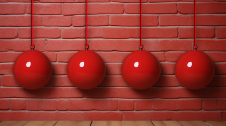 red eggs hanging from a brick wall create a visually striking image. this hyperrealistic composition showcases the unique style of xmaspunk, with minimalist stage designs. the contest-winning photograph captures the functional aesthetics and toy-like proportions of the eggs, adding an intriguing element to the overall scene. ai generatedの素材