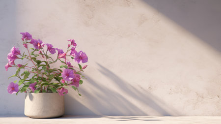 three purple blooming plants are showcased on a table in this vray-traced image. the realistic portrayal of light and shadow enhances the beauty of the scene. the light beige plaster background adds a touch of elegance to this ultra-high-definition (uhd) photograph. with a traditional mexican style and delicate simplicity, this image captures the essence of natural beauty. ai generatedの素材