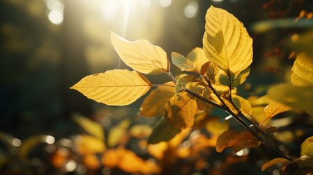 a yellow leaf basks in the warm sunlight, showcasing its vibrant hues of dark beige and orange. this atmospheric woodland imagery captures the essence of norwegian nature, with vray tracing enhancing the traditional color scheme. the naturalistic depiction of flora and fauna creates a joyful celebration of the beauty found in nature. ai generatedの素材