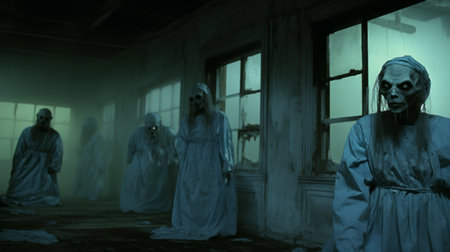 a group of skeletons, dressed in detailed costumes, are gathered in an old room with windows. the room is bathed in a light teal and light white color scheme, creating an eerie atmosphere. this movie still captures the essence of terrorwave with its whirring contrivances and misty ambiance. shot on 70mm, this image is a haunting visual spectacle. ai generatedの素材