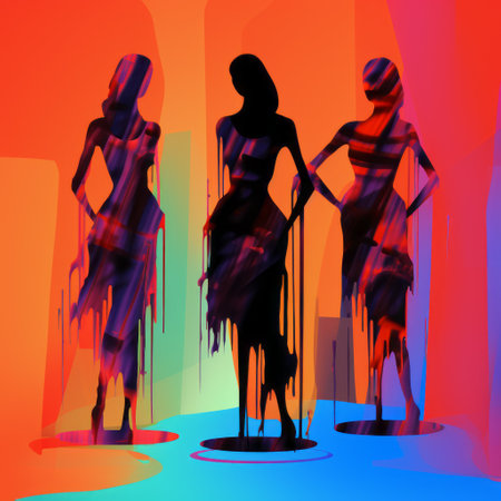 three cartoonish abstract silhouettes of ashley are depicted standing together in this digital expressionism artwork. the figurative sculptures showcase smooth lines and bright colors, creating a playful and vibrant composition. this creative commons attribution piece embodies the style of vector art, with its rivolous and ultrafine details. ai generatedの素材
