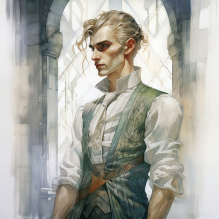 the man from a book series is depicted wearing a green vest, showcasing ethereal illustrations with refined brushwork. the artwork captures a unique blend of dark white and light indigo tones, creating a mesmerizing visual experience. the man's style can be described as mallgoth, exuding a genderless and graceful aura. ai generatedの素材