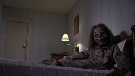 a dark room with white walls, captured in the style of 32k uhd, showcases a halloween-themed ambiance with a combination of light pink and brown hues. this photograph embodies the unique aesthetic of zombiecore and satirical figuration, reminiscent of a national geographic photo. the high resolution of 8k enhances the visual experience, bringing every detail to life. ai generatedの素材