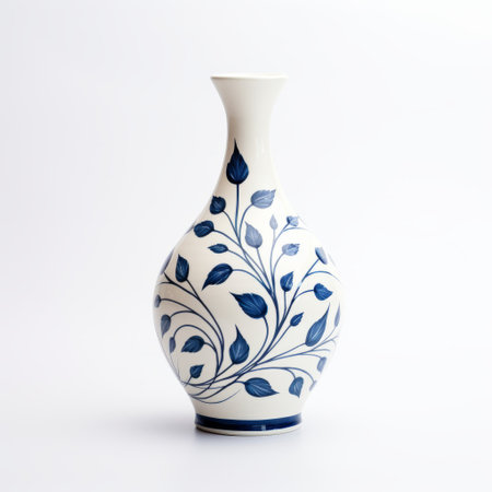 the blue and white ceramic vase features a painting of leaf patterns in a simple design. the white background enhances the dark white and light navy colors used in the freehand painting. this vase showcases the artistry of focus stacking, creating a visually stunning piece. ai generatedの素材