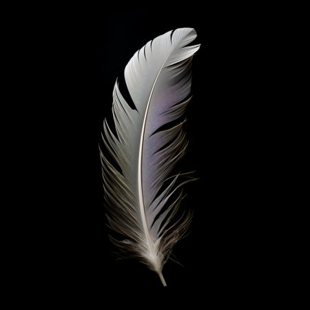 a blue feather, with layered translucency, is showcased on a black background in this photorealistic composition. the dark white and light beige tones create a captivating contrast, while hints of light maroon and white add depth. captured with a sony alpha a7 iii, this nature-inspired art nouveau piece exudes an iridescent beauty. ai generatedの素材