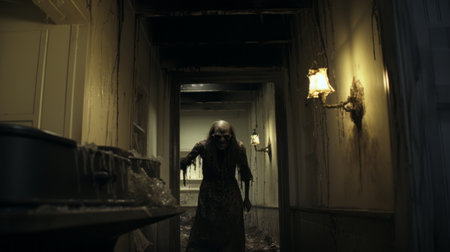 a woman with long hair and a ghost are depicted in this eerie horror movie scene. the photo showcases the intricate woodwork, with a yellow and bronze color scheme adding to the unsettling atmosphere. the vray tracing technique enhances the details, while the soggy onii kei passage sets the stage for a spine-chilling experience. this associated press photo captures the haunting essence of the film.の素材
