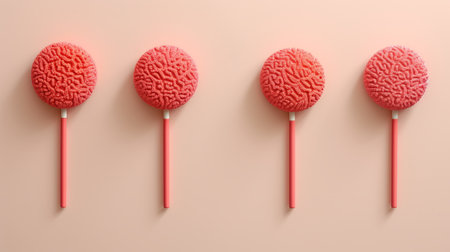 a series of plastic orange lollipops with pink patterns, resembling neurocore style. these realistic renderings showcase a minimalistic composition with light red and light gray tones. created using zbrush and rendered in cinema4d, these mind-bending murals are sure to captivate. ai generatedの素材