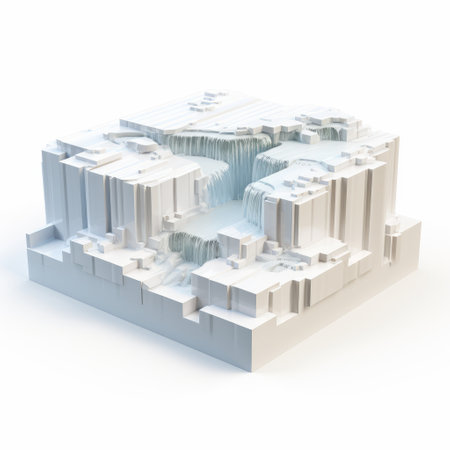 3d printed models of the waterfall in calcutta, capturing the essence of the cityscape in a cubist style. these conceptual digital art pieces feature a light white and light azure color palette, set against a white background. inspired by govaert flinck's aerial view paintings, these models beautifully depict the frozen movement of the cascading water. ai generatedの素材