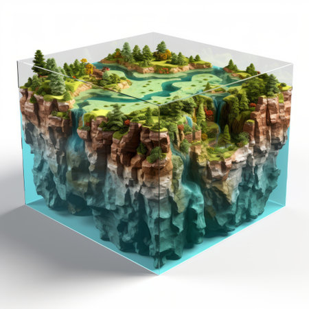 a 3d model of a vibrant watercolor landscape depicting a tender depiction of nature. the 3d island is enclosed within a cube, showcasing flattened perspective and naturalistic proportions. the precisionist style is enhanced by transparent layers and dimensional multilayering, creating a visually captivating and intricate piece of art. ai generatedの素材